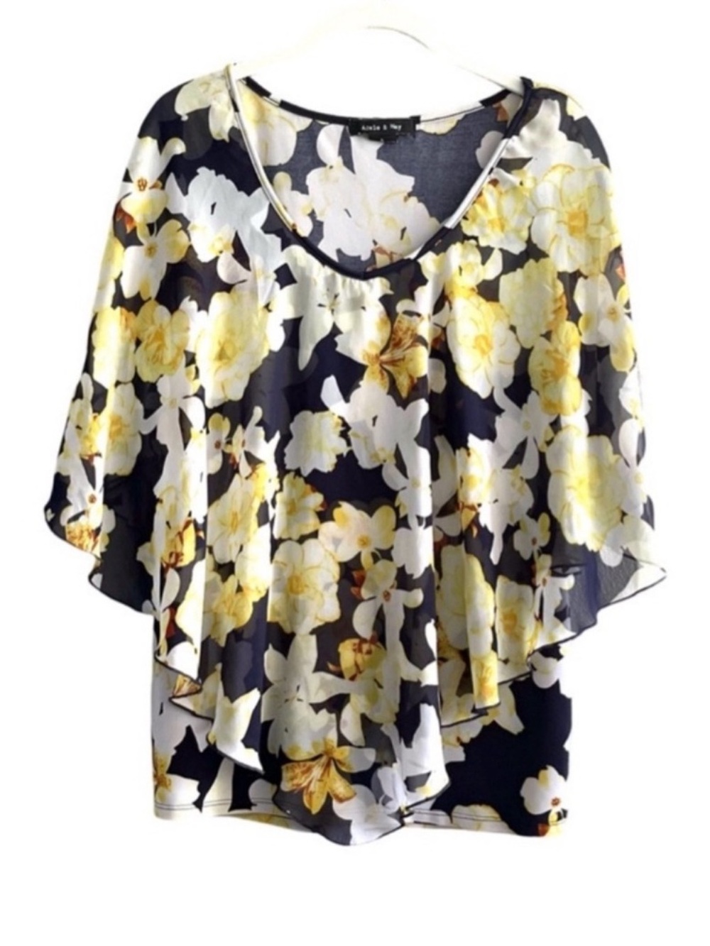 Adele & May Scoop Neck Blouse Flowing Floral Overlay Yellow Black Size L